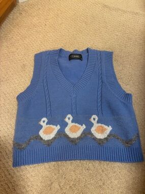 Cottagecore blue knit sweater vest duck print by cider medium